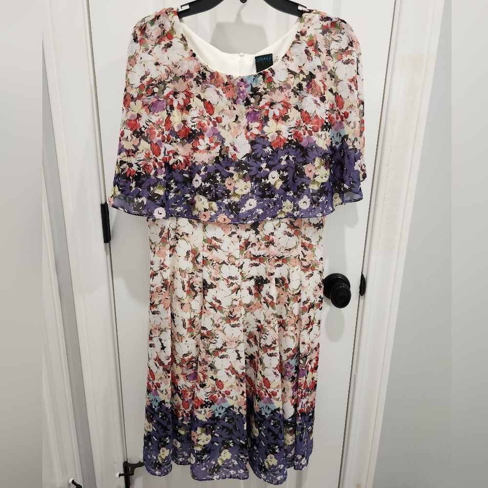 Gabby Skye Ombré Floral Print Chiffon Capelet Fit and Flare Dress Size 14